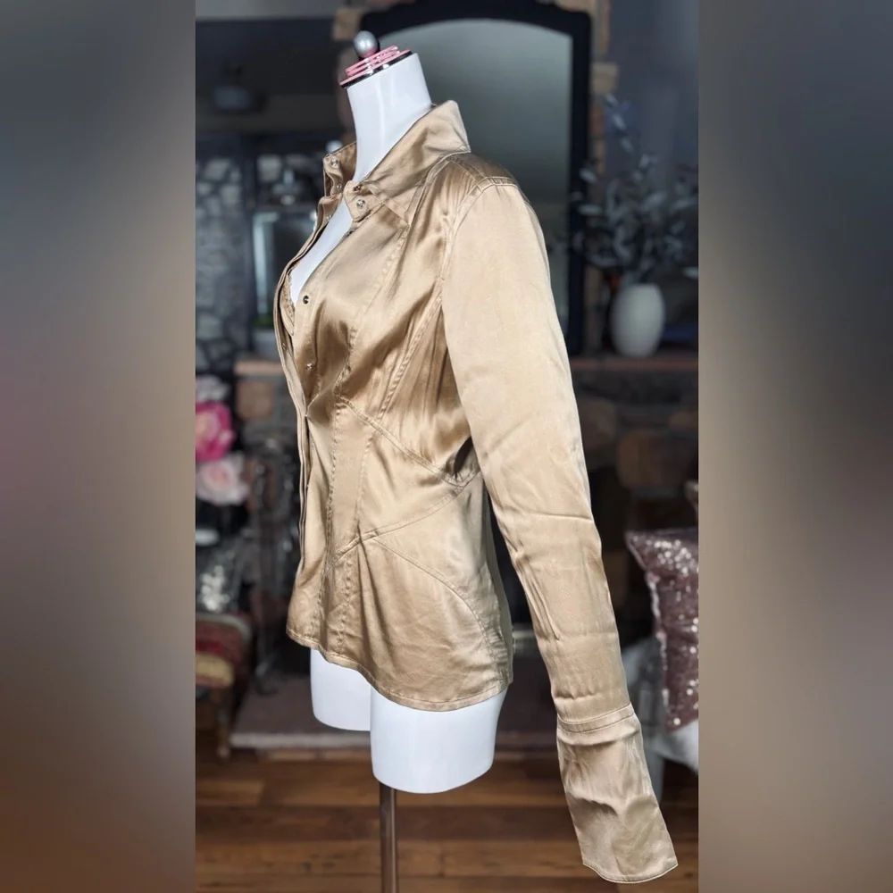 Kaufmanfranco Tan Stretch Silk Button Down Collared Blouse w/ Lace Bralette Sz 8 - Picture 4 of 11